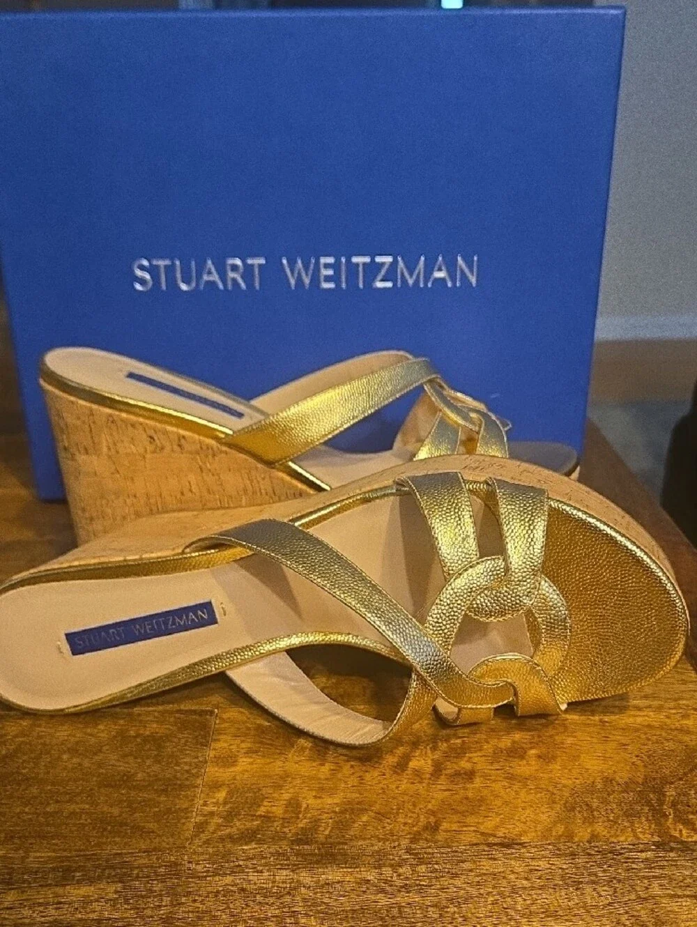 Stuart Weitzman Metallic Gold Cork Wedge Sandals - Picture 2 of 5